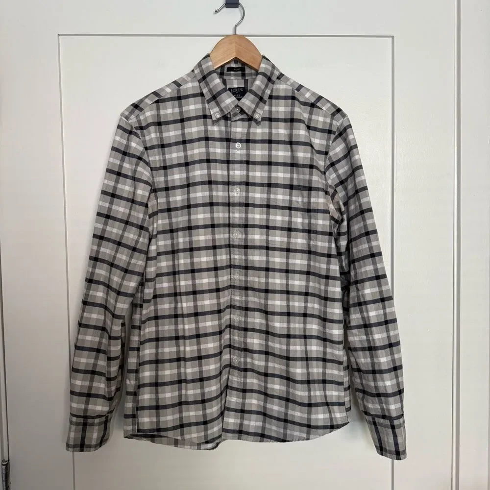 J Crew Flex Oxford Shirt Mens Sz M Gray Slim Fit Plaid Check Button Down Preppy